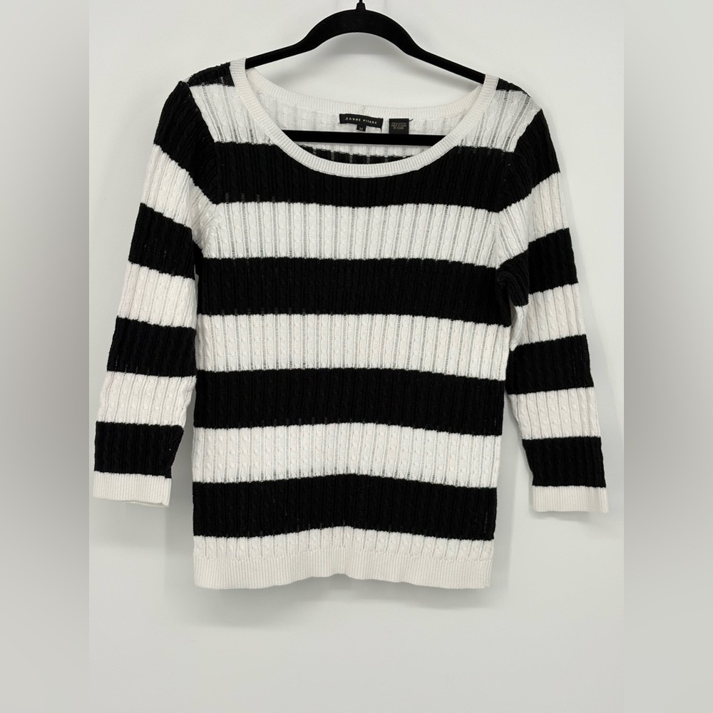JEANNE PIERRE Sweater Black & White Striped Cable Knit 100% Cotton Women’s Med